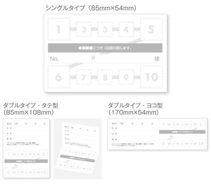 
                                大小の四角の破線の10枠のスタンプカード診察券デザインウラ面stu03。サイズは
                                シングルタイプ（横85ミリメートル、縦54ミリメートル）、
                                ダブルタイプ・縦型（横85ミリメートル、縦108ミリメートル）、
                                ダブルタイプ・横型（横170ミリメートル、縦54ミリメートル）
                                の３種類からお選びください。
                            