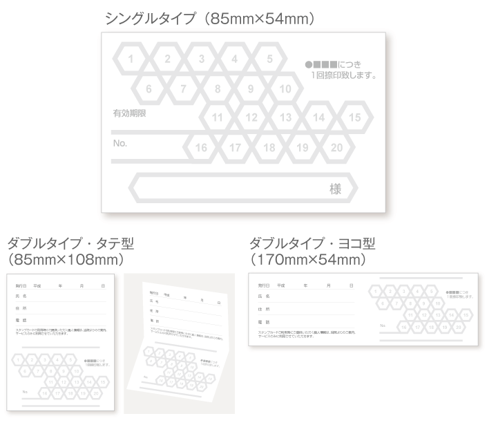 
                                20枠の六角形スタンプカード診察券デザインウラ面stu15。サイズは
                                シングルタイプ（横85ミリメートル、縦54ミリメートル）、
                                ダブルタイプ・縦型（横85ミリメートル、縦108ミリメートル）、
                                ダブルタイプ・横型（横170ミリメートル、縦54ミリメートル）
                                の３種類からお選びください。
                            