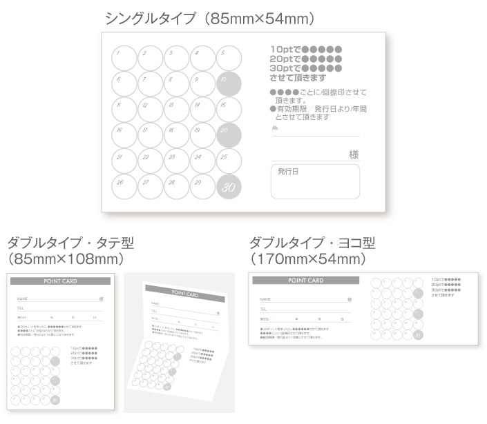 
                                30個の丸のスタンプカード診察券デザインウラ面stu17。サイズは
                                シングルタイプ（横85ミリメートル、縦54ミリメートル）、
                                ダブルタイプ・縦型（横85ミリメートル、縦108ミリメートル）、
                                ダブルタイプ・横型（横170ミリメートル、縦54ミリメートル）
                                の３種類からお選びください。
                            