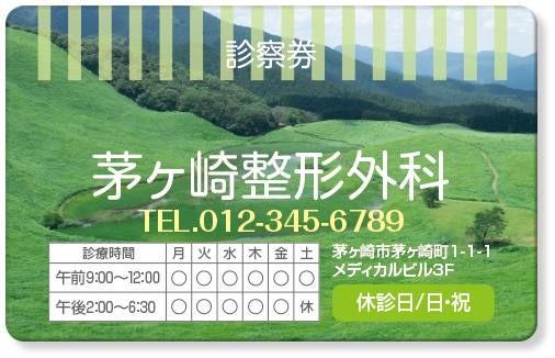 草原と森林の背景写真にボーダー柄の診察券デザインTB06